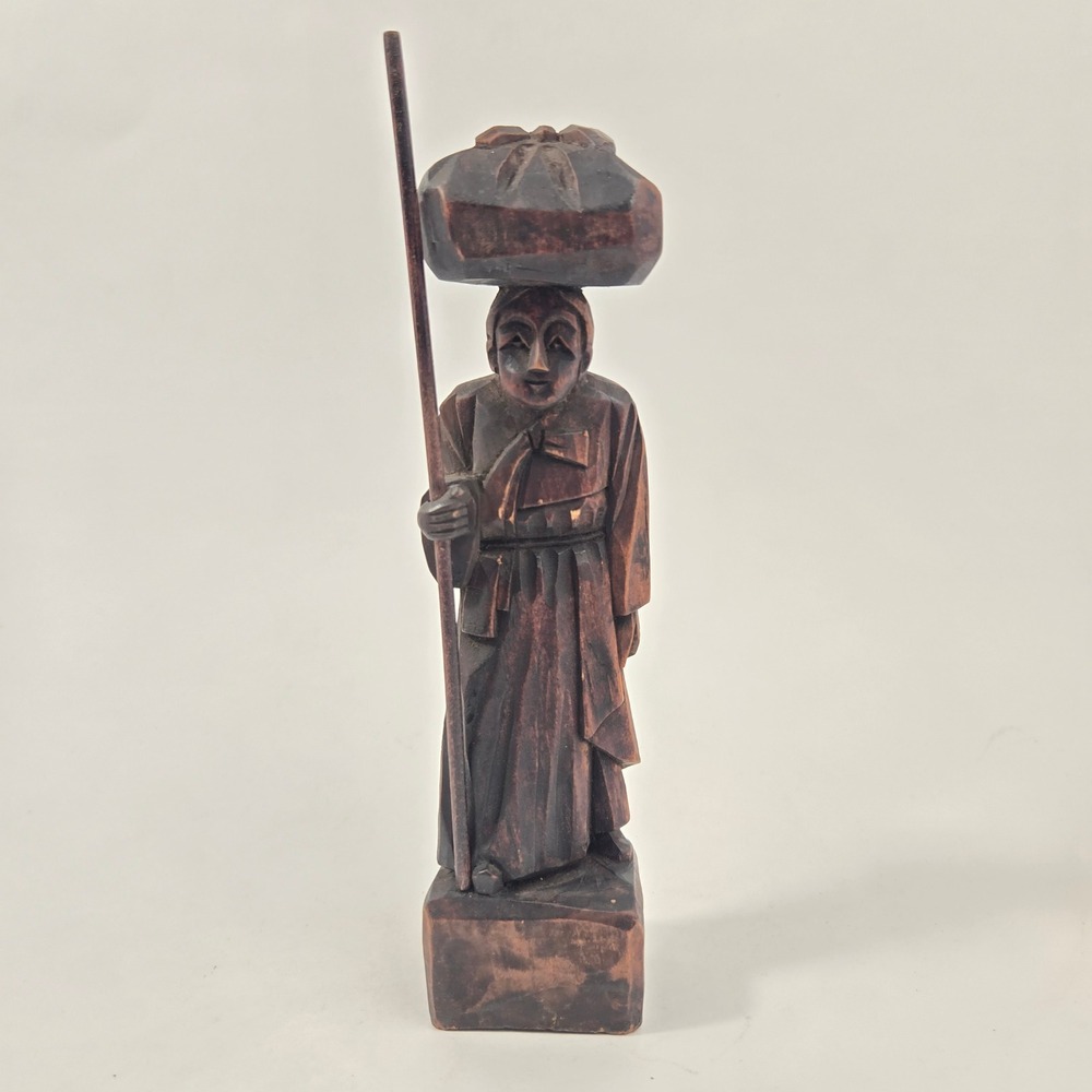 Vintage Korean Wooden Statue Carved Woman with Walking Stick Package